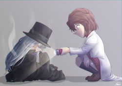 Rule 34 | 1boy, 1girl, age regression, aged down, alternate universe, black coat, black headwear, blue eyes, brown footwear, brown hair, coat, dress, flashlight, from side, full body, gin (meitantei conan), grey background, grey hair, haibara ai, hat, highres, holding, kneehighs, lab coat, long hair, looking at another, meitantei conan, oversized clothes, profile, ribbed sweater, shoes, short hair, simple background, sleeves past fingers, sleeves past wrists, smile, smoke, socks, sooma4869, squatting, surprised, sweater, sweater dress