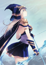 Rule 34 | 1girl, armlet, ashe (league of legends), back, bad id, bad pixiv id, blonde hair, blue eyes, bow (weapon), breasts, cape, gloves, highres, hood, league of legends, long hair, looking back, noco (adamas), skirt, solo, thighhighs, thighs, weapon