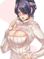 Rule 34 | 10s, 1girl, bad id, blush, breasts, cleavage, cleavage cutout, clothing cutout, embarrassed, eyepatch, finger to face, from side, hand on own hip, highres, kantai collection, large breasts, long sleeves, looking at viewer, meme attire, open-chest sweater, purple hair, ribbed sweater, simple background, solo, sweater, telescopic, tenryuu (kancolle), turtleneck, upper body, yellow eyes