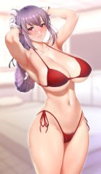 Rule 34 | 1girl, adjusting hair, armpits, arms up, bikini, braid, braided ponytail, breasts, cleavage, collarbone, curvy, fate/grand order, fate (series), female pubic hair, florence nightingale (fate), gloves, has bad revision, has downscaled revision, highleg, highleg bikini, highres, large breasts, legs together, lips, long hair, looking at viewer, md5 mismatch, navel, parted lips, pubic hair, pubic hair peek, purple hair, red bikini, red eyes, resolution mismatch, side-tie bikini bottom, single braid, solo, source smaller, standing, stomach, swimsuit, thick thighs, thighs, underboob, undersized clothes, white gloves, zucchini