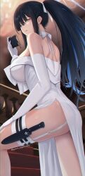 Rule 34 | 1girl, absurdres, ass, black hair, blue archive, blue eyes, blue hair, blue halo, breasts, colored inner hair, commentary request, dress, elbow gloves, from behind, from below, garter straps, gloves, halo, highres, holding, holding mask, holster, knife sheath, large breasts, looking at viewer, looking back, mask, mouth mask, multicolored hair, official alternate costume, open mouth, panties, parted lips, saori (blue archive), saori (dress) (blue archive), seductive gaze, see-through, sheath, side slit, sideboob, solo, strapless, strapless dress, thigh holster, twitter username, underwear, white dress, white garter straps, white gloves, yamikyon