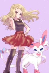 Rule 34 | 1girl, blonde hair, breasts, closed mouth, creatures (company), game freak, gen 6 pokemon, highres, long hair, looking at viewer, minapo, nintendo, pokemon, pokemon (creature), pokemon adventures, red skirt, simple background, skirt, sylveon, serena (pokemon)