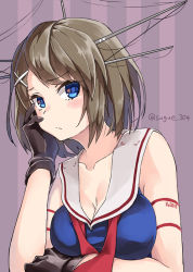 Rule 34 | 10s, 1girl, blue eyes, blush, breasts, brown hair, head rest, cleavage, gloves, hair ornament, hand on own cheek, hand on own face, kantai collection, large breasts, maya (kancolle), sailor collar, short hair, solo, striped, striped background, sugue 304, twitter username, upper body, x hair ornament