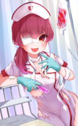 Rule 34 | 1girl, :d, absurdres, aqua gloves, bandaged arm, bandages, bandaid, bandaid on arm, blood, blood bag, blood on clothes, breasts, commentary request, convenient arm, cowboy shot, curtains, dress, eyepatch, gloves, hair over shoulder, hands up, hat, highres, holding, holding syringe, hololive, houshou marine, iv stand, kohe billialot, long hair, looking at viewer, nurse cap, open mouth, red eyes, red hair, short sleeves, smile, solo, standing, syringe, torn clothes, torn dress, upper body, virtual youtuber, white dress, white hat