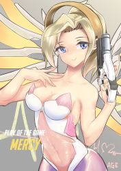 Rule 34 | 1girl, artist name, bare shoulders, blonde hair, blue eyes, breasts, character name, cleavage, collarbone, covered navel, cowboy shot, dress, fingernails, gun, halo, hand on own chest, hand up, headgear, holding, holding gun, holding weapon, large breasts, lips, long fingernails, looking at viewer, mechanical halo, mechanical wings, mercy (overwatch), overwatch, overwatch 1, ponytail, saya species, short hair, sleeveless, sleeveless dress, smile, solo, spread wings, weapon, wings, yellow wings