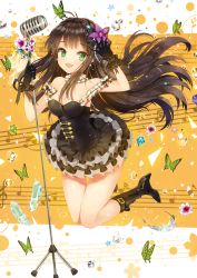 Rule 34 | 10s, 1girl, :d, ahoge, bad id, bad pixiv id, bare shoulders, black footwear, black gloves, black gothic dress (idolmaster), blush, boots, breasts, brown hair, bug, butterfly, choker, cleavage, dangmill, dress, flower, frilled choker, frills, full body, glass slipper, gloves, green eyes, hair flower, hair ornament, high heels, highres, holding, idolmaster, idolmaster cinderella girls, bug, jewelry, legs up, long hair, looking at viewer, medium breasts, microphone, microphone stand, musical note, open mouth, revision, shibuya rin, sleeveless, sleeveless dress, smile, solo, sparkle, thigh gap, tiara, very long hair, water drop