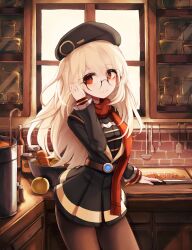 Rule 34 | 1girl, apple, beret, black dress, black pantyhose, breasts, carrot, commission, cooking, cooking pot, counter, cowboy shot, dress, dungeon and fighter, food, fruit, glasses, hand in own hair, hat, highres, hwaryeok, kitchen knife, long hair, long sleeves, pantyhose, red eyes, red scarf, scarf, small breasts, solo, white hair, window