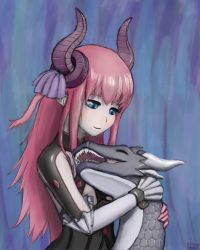 Rule 34 | 1girl, 2018, absurdres, artist name, asymmetrical horns, blue eyes, blush, closed eyes, dated, dragon, dragon horns, elizabeth bathory (fate), elizabeth bathory (fate/extra ccc), fate/grand order, fate (series), half-closed eyes, highres, horns, hug, klifflod, long hair, looking at another, looking down, pointy ears, scales, self-upload, sharp teeth, simple background, slit pupils, smile, solo, teeth, uneven horns, very long hair, western dragon