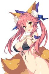 Rule 34 | 10s, 1girl, animal ears, bikini, black bikini, blush, bottomless, bow, breasts, cleavage, covered erect nipples, fate/extra, fate (series), fox ears, fox girl, fox tail, hair between eyes, hair bow, hands on own chest, hinata mutsuki, large breasts, long hair, looking at viewer, navel, open mouth, pink hair, purple bow, simple background, smile, solo, swimsuit, tail, tamamo no mae (fate/extra), teeth, twintails, upper body, white background, yellow eyes