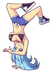 Rule 34 | + +, 1girl, balancing, bikini, black bikini, blue eyes, blue hair, blue shorts, borrowed character, breasts, cleavage, commentary, commission, daigada, english commentary, exercising, grin, handstand, heart, highres, kori (gordon hado), large breasts, looking at viewer, navel, original, shoes, short shorts, shorts, smile, sneakers, swimsuit, underboob, upside-down