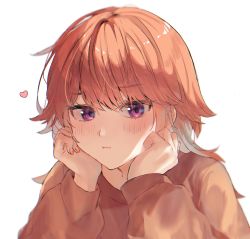 Rule 34 | 1girl, bad id, bad twitter id, blush, brown sweater, colored inner hair, green hair, hands on own face, heart, highres, hololive, hololive english, itagaku, multicolored hair, nail polish, orange hair, orange nails, portrait, pout, purple eyes, solo, sweater, takanashi kiara, virtual youtuber, white background