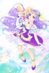 Rule 34 | 1girl, aizen (syoshiyuki), anklet, blue eyes, choker, circlet, collarbone, cure earth, dress, earrings, elbow gloves, full body, fuurin asumi, gloves, healin&#039; good precure, heart, high heels, highres, jewelry, latte (precure), long hair, parted lips, precure, pumps, purple dress, purple footwear, purple hair, short dress, solo, thighlet, very long hair, white background, white choker, white gloves
