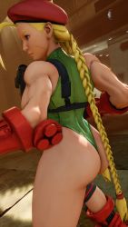 Rule 34 | 1girl, 3d, antenna hair, ass, bare shoulders, blonde hair, blue eyes, braid, breasts, cammy white, curvy, fighting stance, gloves, green leotard, groin, hat, highleg, highleg leotard, highres, huge ass, large breasts, leotard, lips, long hair, looking to the side, red gloves, red hat, ryona, screencap, shiny clothes, skindentation, solo, street fighter, street fighter v, thighs, third-party edit, thong leotard, train station, twin braids, very long hair, wide hips