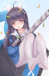 Rule 34 | 1girl, absurdres, animal ears, arrow (symbol), black hair, blue archive, bolt action, collarbone, fake animal ears, feet, gun, hairband, halo, highres, holding, holding gun, holding weapon, in container, leaf, leaf on head, miyu (blue archive), no shoes, pantyhose, pleated skirt, rabbit ears, recycle bin, recycling symbol, red eyes, rifle, sad, school uniform, serafuku, skirt, sniper rifle, solo, tearing up, toes, underwear, weapon, white pantyhose, xixing si yao meng