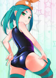 Rule 34 | 1girl, absurdres, aqua hair, artistic error, ass, bad id, bad pixiv id, bakemonogatari, bare arms, bare shoulders, closed mouth, female focus, from behind, from below, green eyes, hat, highres, looking down, monogatari (series), note2000, one-piece swimsuit, ononoki yotsugi, shiny clothes, shiny skin, solo, star (symbol), starry background, striped clothes, striped thighhighs, swimsuit, thighhighs, v, w, wrong hand