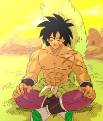 Rule 34 | +++, 1boy, ^ ^, arms at sides, bah (dragon ball), black hair, boots, broly (dragon ball super), closed eyes, day, dragon ball, dragon ball super, dragon ball super broly, closed eyes, fingernails, full body, hands on own knees, happy, height difference, crossed legs, male focus, mountain, mountainous horizon, muscular, outdoors, pectorals, purple legwear, scar, short hair, sitting, sky, smile, solo, spiked hair, tako jirou, topless male, wristband, yellow sky, yellow theme