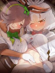 Rule 34 | 2girls, abs, absurdres, animal ears, arm around waist, blush, bow, bowtie, bra, breasts, brown hair, buttons, closed mouth, elbow gloves, european hare (kemono friends), fur collar, furrowed brow, gloves, grey hair, hair over one eye, hairband, hand on another&#039;s stomach, hand on another&#039;s waist, highres, horizontal pupils, kedama (ughugjydthjdf), kemono friends, large breasts, light brown hair, long bangs, looking at viewer, medium hair, mountain hare (kemono friends), multicolored hair, multiple girls, navel, nose blush, off-shoulder shirt, off shoulder, one eye closed, parted lips, partially unbuttoned, rabbit ears, red eyes, seductive smile, shirt, skirt, smile, stomach, toned, underwear, upper body, white hair, wince, yuri