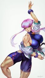 Rule 34 | 1girl, arm up, blue eyes, breasts, dougi, highres, hime cut, large breasts, leg up, manon legrand, martial arts belt, muscular, muscular female, nextoad, off shoulder, pink hair, sidelocks, skin tight, spandex, street fighter, street fighter 6, toned, wristband