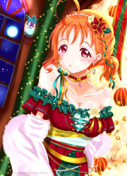 Rule 34 | 1girl, :o, bare shoulders, blush, braid, breasts, choker, christmas, christmas ornaments, christmas tree, cleavage, collarbone, cowlick, cross-laced clothes, cross-laced dress, decorations, dress, earrings, flower, highres, indoors, jewelry, lamp, looking at viewer, love live!, love live! sunshine!!, medium breasts, minami yuka (kimikoko thanks), moon, night, off-shoulder dress, off shoulder, open mouth, orange hair, red choker, red dress, red eyes, side ponytail, star (symbol), star choker, takami chika, twitter username, upper body, white flower, window