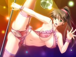 Rule 34 | 1girl, arc system works, black lips, blush, breasts, bustier, censored, cleavage, covered erect nipples, cropped legs, crotchless, crotchless panties, disco ball, female focus, frills, green eyes, guilty gear, kuradoberi jam, lingerie, lipstick, looking at viewer, makeup, nail polish, panties, pole, pole dancing, pussy, see-through, smile, solo, thighhighs, underwear