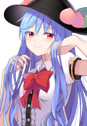 Rule 34 | 1girl, black hat, blue hair, blush, bow, bowtie, buttons, closed mouth, commentary request, e.o., fingernails, food, fruit, hair between eyes, hat, highres, hinanawi tenshi, long hair, peach, puffy short sleeves, puffy sleeves, red bow, red bowtie, red eyes, shirt, short sleeves, simple background, smile, solo, touhou, upper body, white background, white shirt