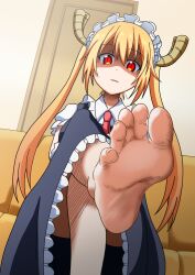 Rule 34 | 1girl, barefoot, black dress, blonde hair, breasts, commentary request, couch, crossed arms, crossed legs, disdain, door, dragon horns, dress, feet, female focus, foot focus, foot out of frame, from below, hair between eyes, horns, indoors, kobayashi-san chi no maidragon, large breasts, legs, long hair, looking at viewer, looking down, maid, maid headdress, necktie, nush advance, on couch, parted lips, partial commentary, red eyes, red necktie, shaded face, sitting, slit pupils, soles, solo, toenails, toes, tohru (maidragon), twintails, upskirt, very long hair