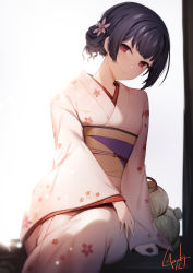 Rule 34 | 1girl, blue hair, breasts, floral print, flower, genyaky, hair flower, hair ornament, highres, idolmaster, idolmaster shiny colors, japanese clothes, kimono, long sleeves, looking at viewer, morino rinze, obi, red eyes, sash, short hair, sitting, small breasts, smile, white kimono, wide sleeves