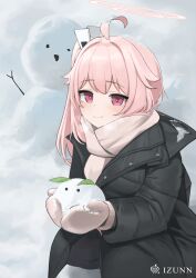 Rule 34 | 1girl, absurdres, black coat, black pantyhose, blue archive, blush, closed mouth, coat, highres, holding, long hair, long sleeves, mittens, momocadraw, natsu (blue archive), pantyhose, pink hair, red eyes, scarf, smile, snow, snow rabbit, snowman, solo, white mittens, white scarf