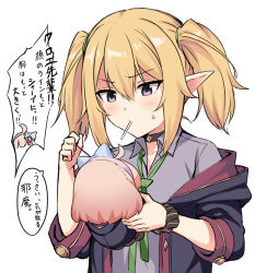 Rule 34 | 1girl, anger vein, black jacket, blonde hair, blush, breasts, chieru (princess connect!), chloe (princess connect!), choker, collared shirt, elf, horosuke, jacket, long hair, mouth hold, needle, pointy ears, princess connect!, purple eyes, shirt, small breasts, speech bubble, stitching, stuffed toy, translation request