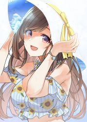 Rule 34 | 1girl, :d, bare shoulders, blue sky, blush, bracelet, breasts, brown eyes, brown hair, crop top, floral print, hat, highres, holding, holding clothes, holding hat, idolmaster, idolmaster shiny colors, jewelry, large breasts, long hair, open mouth, patterned clothing, pekoni (peconi), shirt, sky, smile, striped clothes, striped shirt, sun hat, sweat, tsukioka kogane, white hat