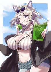 Rule 34 | 1girl, absurdres, animal ears, arknights, bikini, blue sky, blurry, blurry background, braid, breasts, cat ears, coat, cowboy shot, cup, drinking glass, eyewear on head, fudji (fuz i llust), highres, holding, holding cup, large breasts, light brown hair, midriff, navel, open clothes, open coat, purple-tinted eyewear, short shorts, shorts, sky, slit pupils, smile, solo, striped bikini, striped clothes, swimsuit, swimsuit cover-up, tinted eyewear, tongue, tongue out, twin braids, utage (arknights), utage (summer flowers) (arknights), vertical-striped bikini, vertical-striped clothes