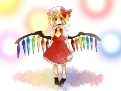Rule 34 | 1girl, ascot, bad id, bad pixiv id, blonde hair, blouse, bow, comic, dress, embodiment of scarlet devil, female focus, flandre scarlet, full body, gradient background, hair bow, hammer (sunset beach), hat, lights, red eyes, shirt, shoes, side ponytail, silent comic, skirt, solo, touhou, white background, wings
