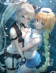 Rule 34 | 2girls, ahoge, air bubble, bare shoulders, bikini, black gloves, blonde hair, blue eyes, blush, braid, breast press, breasts, bubble, cleavage, collarbone, fate/apocrypha, fate/grand order, fate (series), fingerless gloves, gakuon (gakuto), gloves, grin, highres, jeanne d&#039;arc (fate), jeanne d&#039;arc (mystery treasure) (fate), jeanne d&#039;arc (ruler) (fate), jeanne d&#039;arc alter (fate), jeanne d&#039;arc alter (mystery treasure) (fate), large breasts, long braid, long hair, looking at viewer, microskirt, multiple girls, mystery treasure, navel, official alternate costume, open mouth, patreon username, ponytail, silver hair, single braid, skirt, smile, swimsuit, symmetrical docking, thighs, underwater, very long hair, white gloves, yellow eyes