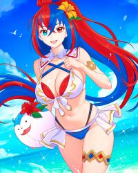 1girl absurdres alear_(female)_(seaside_dragon)_(fire_emblem) bikini blue_hair breasts character_ball criss-cross_halter crossed_bangs fire_emblem fire_emblem_engage fire_emblem_heroes halterneck highres large_breasts long_hair multicolored_bikini multicolored_clothes multicolored_hair multicolored_swimsuit navel nintendo official_alternate_costume official_alternate_hairstyle ponytail red_hair smile sommie_(fire_emblem) split-color_hair swimsuit truejekart two-tone_hair white_bikini