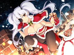 Rule 34 | 1girl, boots, breasts, chimney, christmas, cleavage, clock, clock tower, dress, eyepatch, gift, gift bag, gloves, hair ornament, highres, kneeling, large breasts, light, looking at viewer, midriff, navel, night, night sky, official art, pantyhose, red eyes, rooftop, santa boots, santa costume, santa dress, santa gloves, senran kagura, senran kagura new link, sky, smile, star (sky), starry sky, tower, twintails, white hair, yagyuu (senran kagura)