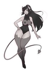 Rule 34 | 1girl, breasts, chicapixel, covered navel, demon girl, demon tail, covered erect nipples, female focus, hand on own hip, highres, horns, large breasts, leotard, lips, long hair, looking at viewer, monochrome, pointy ears, ponytail, see-through, simple background, sintan, sketch, solo, tail, the sinner gate, thick thighs, thighs, white background, wide hips