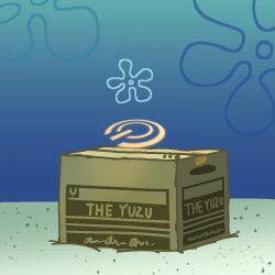 Rule 34 | blue archive, box, cardboard box, commentary, concha (mamecha), crossover, english commentary, english text, halo, hiding, in box, in container, no humans, ocean, parody, seafloor, spongebob squarepants (series), underwater, yuzu (blue archive), yuzu (maid) (blue archive)