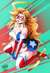 Rule 34 | 1girl, 2022, absurdres, ahoge, american flag, american flag print, blonde hair, boots, breasts, cleavage, cleavage cutout, clothing cutout, danmakuman, dress, earrings, elbow gloves, fingerless gloves, flag print, full body, gloves, highres, huge ahoge, jewelry, kamen america, kamen america (comic), large breasts, open mouth, sash, short dress, signature, sitting, smile, solo, star (symbol), star cutout, star earrings, striped clothes, striped footwear, striped gloves, superhero costume, thigh boots, vertical-striped clothes, vertical-striped footwear, vertical-striped gloves, wariza, yellow sash