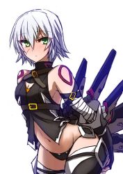 Rule 34 | 1girl, armpits, bandages, bare shoulders, belt, black panties, black thighhighs, boots, cowboy shot, fate/apocrypha, fate/grand order, fate (series), gloves, green eyes, hair between eyes, himo, jack the ripper (fate/apocrypha), knife, looking at viewer, markings, navel, panties, scar, short hair, solo, thighhighs, underwear, weapon, white hair