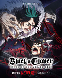 Rule 34 | asta (black clover), black clover, black clover: sword of the wizard king, black lightning, black skin, body markings, colored skin, conrad leto, demon boy, demon horns, demon wings, dot pupils, duel, electricity, electrokinesis, english text, eye contact, frown, green eyes, green hair, grey hair, headband, highres, horns, jewelry, key visual, looking at another, male focus, movie poster, multicolored hair, necklace, netflix, official art, open mouth, promotional art, red eyes, royal robe, serious, short hair, split-color hair, takeda itsuko, wings