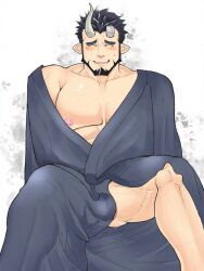 Rule 34 | 1boy, ^ ^, bara, beard, black hair, blush, broken horn, bulge, closed eyes, demon boy, demon horns, facial hair, feet out of frame, highres, horns, japanese clothes, kimono, large pectorals, live a hero, male focus, mature male, muscular, muscular male, nervous sweating, nessen (live a hero), nipples, no male underwear, off shoulder, open clothes, open kimono, pectorals, short hair, sitting, smile, solo, spread legs, sweat, testicle peek, thick eyebrows, ushio takigawa