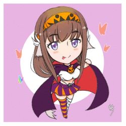 Rule 34 | 1girl, ainu clothes, animal ears, aquaplus, blush, breasts, brown hair, bug, butterfly, cape, chibi, closed mouth, crop top, full body, halloween, halloween costume, headband, insect, large breasts, licking, licking lips, long hair, looking at viewer, midriff, minagi (utawarerumono), perari0510, purple eyes, raised eyebrows, sidelocks, signature, smile, solo, standing, tail, thighhighs, tongue, tongue out, utawarerumono, utawarerumono: lost flag, very long hair
