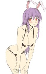 Rule 34 | 1girl, animal ears, bent over, blush, bra, breasts, rabbit ears, cleavage, collarbone, colorized, covered erect nipples, flat color, flying sweatdrops, highres, leaning forward, long hair, looking at viewer, mokumokuren (atariya kyoushitsu), purple hair, red eyes, reisen udongein inaba, simple background, sketch, solo, standing, stomach, thong, touhou, underwear, underwear only, wavy mouth, white background