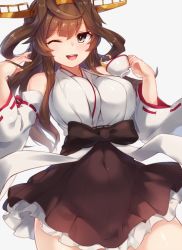 Rule 34 | 10s, 1girl, ;d, ahoge, alternate eye color, bad id, bad twitter id, bare shoulders, breasts, brown hair, covered navel, cup, curvy, detached sleeves, double bun, covered erect nipples, hair between eyes, tucking hair, hairband, japanese clothes, kantai collection, kongou (kancolle), large breasts, long hair, looking at viewer, nontraditional miko, one eye closed, open mouth, pokoten (pokoten718), ribbon-trimmed sleeves, ribbon trim, simple background, skirt, skirt set, smile, solo, teacup, wide hips, wide sleeves, yellow eyes
