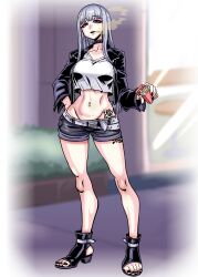Rule 34 | 1girl, absurdres, black nails, breasts, cigarette, cigarette pack, collar, commission, earrings, eyeliner, full body, ga320aaa, grey eyes, grey hair, groin, hand on own hip, highres, jacket, jewelry, large breasts, long hair, looking at viewer, makeup, midriff, mole, mole under mouth, nail polish, navel, navel piercing, original, piercing, pixiv commission, shorts, smoking, solo, tattoo, toeless footwear, toenail polish, toenails, variant set