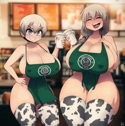 Rule 34 | 2girls, animal print, apron, bare arms, bare shoulders, blue eyes, breasts, bursting breasts, cleavage, closed eyes, coffee cup, collarbone, covered erect nipples, cow print, cow print thighhighs, cowboy shot, cup, curvy, disposable cup, female focus, grey hair, grin, hand on own hip, highres, huge breasts, iced latte with breast milk (meme), indoors, long hair, looking at viewer, mature female, meme, mother and daughter, multiple girls, naked apron, open mouth, print legwear, print thighhighs, ryou sakai, short hair, sideboob, skindentation, smile, standing, teeth, thick thighs, thighhighs, thighs, tongue, upper teeth only, uzaki-chan wa asobitai!, uzaki hana, uzaki tsuki, wide hips