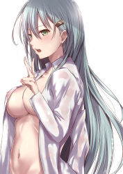 Rule 34 | 10s, 1girl, blush, breasts, covered erect nipples, green eyes, green hair, groin, hair between eyes, hair ornament, hairclip, kantai collection, large breasts, long hair, matching hair/eyes, naked shirt, navel, nipples, open clothes, open shirt, out-of-frame censoring, see-through, shirt, simple background, solo, suzuya (kancolle), tai (nazutai), v, wet, wet clothes, white background, white shirt