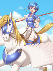 1girl armor blue_armor blue_eyes blue_hair breastplate fingerless_gloves fire_emblem fire_emblem:_the_binding_blade gloves holding holding_polearm holding_weapon ibushi_(oath) looking_at_viewer nintendo open_mouth pegasus polearm shanna_(fire_emblem) short_hair shoulder_armor smile solo weapon