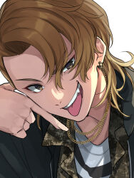 Rule 34 | 1boy, arima seigen, brown eyes, brown hair, camouflage, chain, chain necklace, earrings, fang, hand on own cheek, hand on own face, highres, hypnosis mic, hypnosis mic: rule the stage, jacket, jewelry, kishinaito, long hair, looking at viewer, male focus, necklace, parted bangs, smile, solo, tongue, tongue out, uneven eyes, upper body