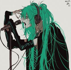 Rule 34 | 1girl, blue eyes, collared shirt, detached sleeves, from side, green hair, haikokyuu, hatsune miku, headphones, highres, long hair, long sleeves, microphone, microphone stand, necktie, pale skin, profile, shirt, solo, striped necktie, twintails, upper body, very long hair, vocaloid